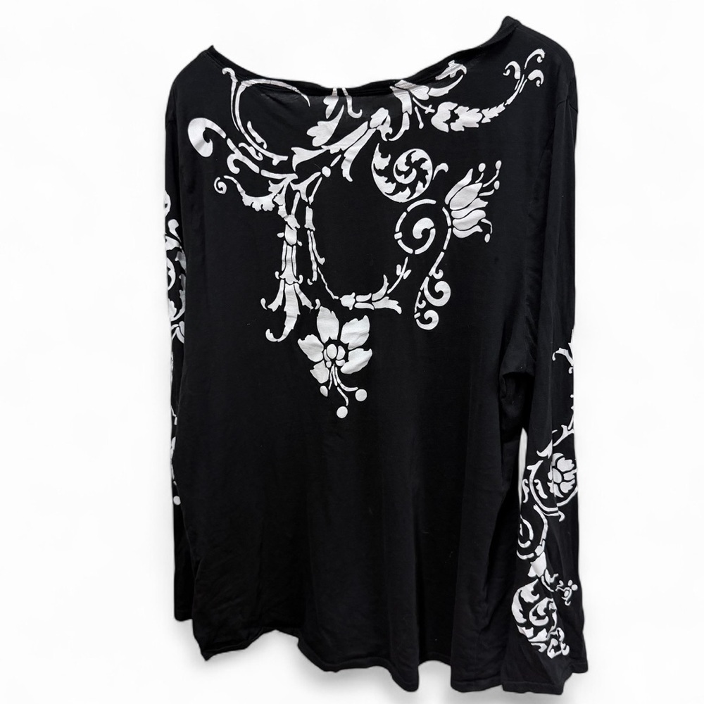Calvin Klein Jeans Long Sleeve Black Top with White Metallic Silver Flowers 2X - Picture 3 of 9